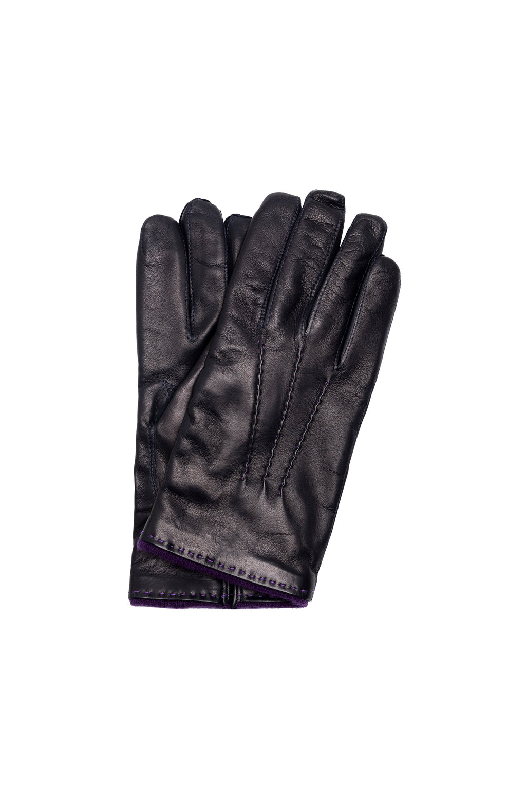 Luc navy lambskin gloves with purple cashmere cuff lining and three-point stitching, back-of-hand view
