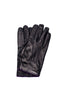Luc navy lambskin gloves with purple cashmere cuff lining and three-point stitching, back-of-hand view