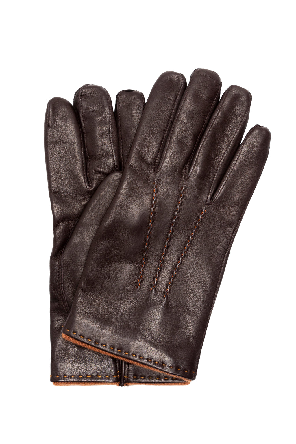 Luc chocolate brown lambskin gloves with orange cashmere cuff lining and three-point stitching, back-of-hand view
