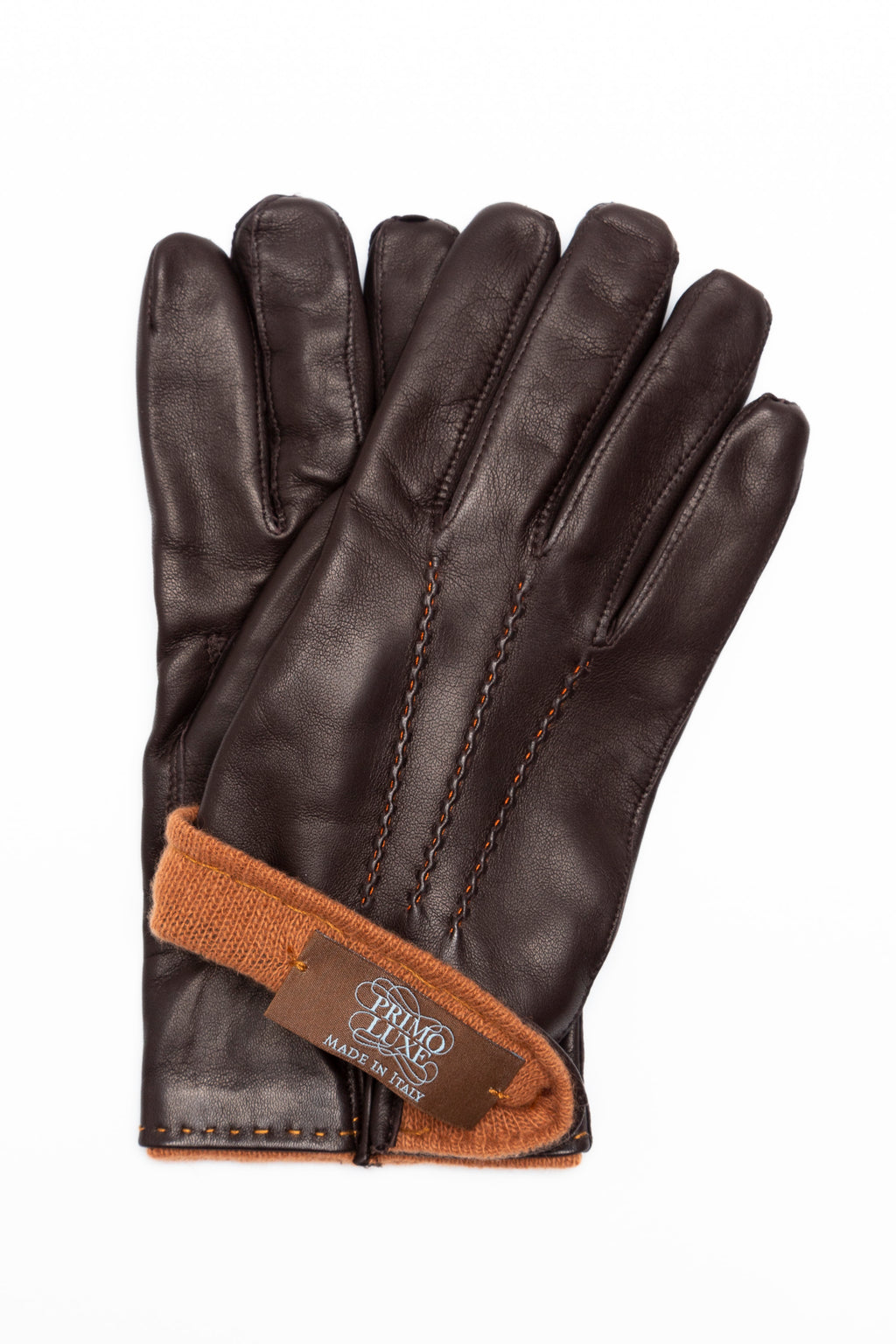 Luc chocolate brown lambskin gloves with orange cashmere cuff lining and three-point stitching, palm view