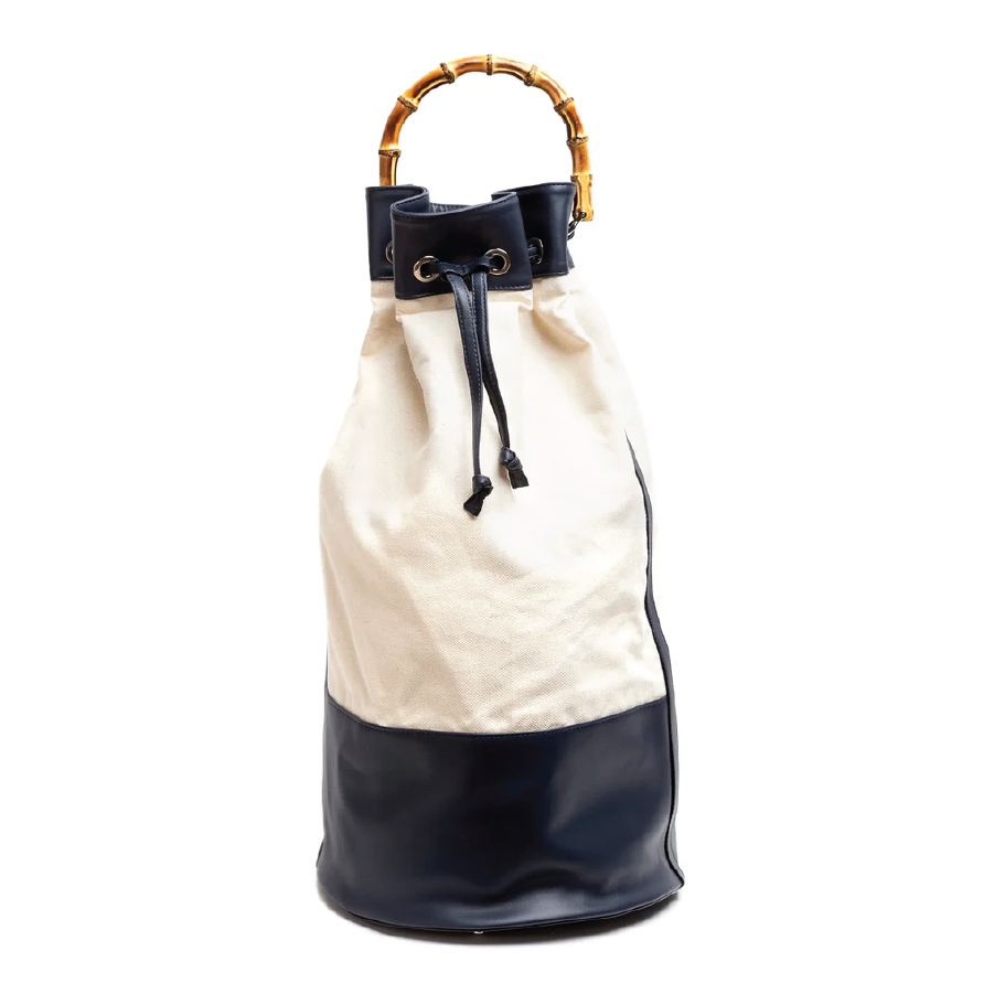 ATLAS Double Canvas & Navy Leather Sailor Bag w/ Bamboo Handle