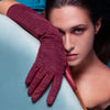 Bianca full-length bordeaux gloves with alligator-embossed suede back, tonal bordeaux leather palm, and silk lining, back-of-hand view