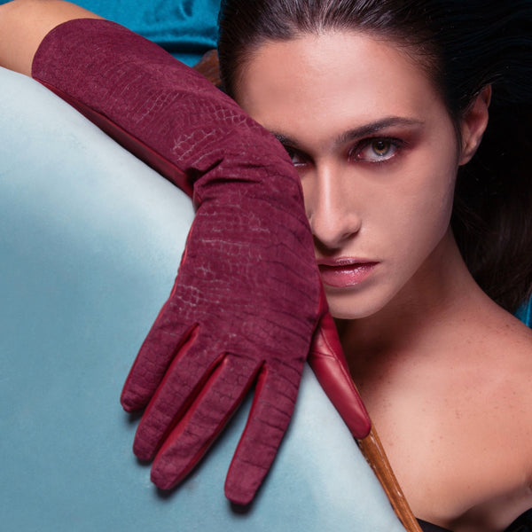 Bianca full-length bordeaux gloves with alligator-embossed suede back, tonal bordeaux leather palm, and silk lining, back-of-hand view