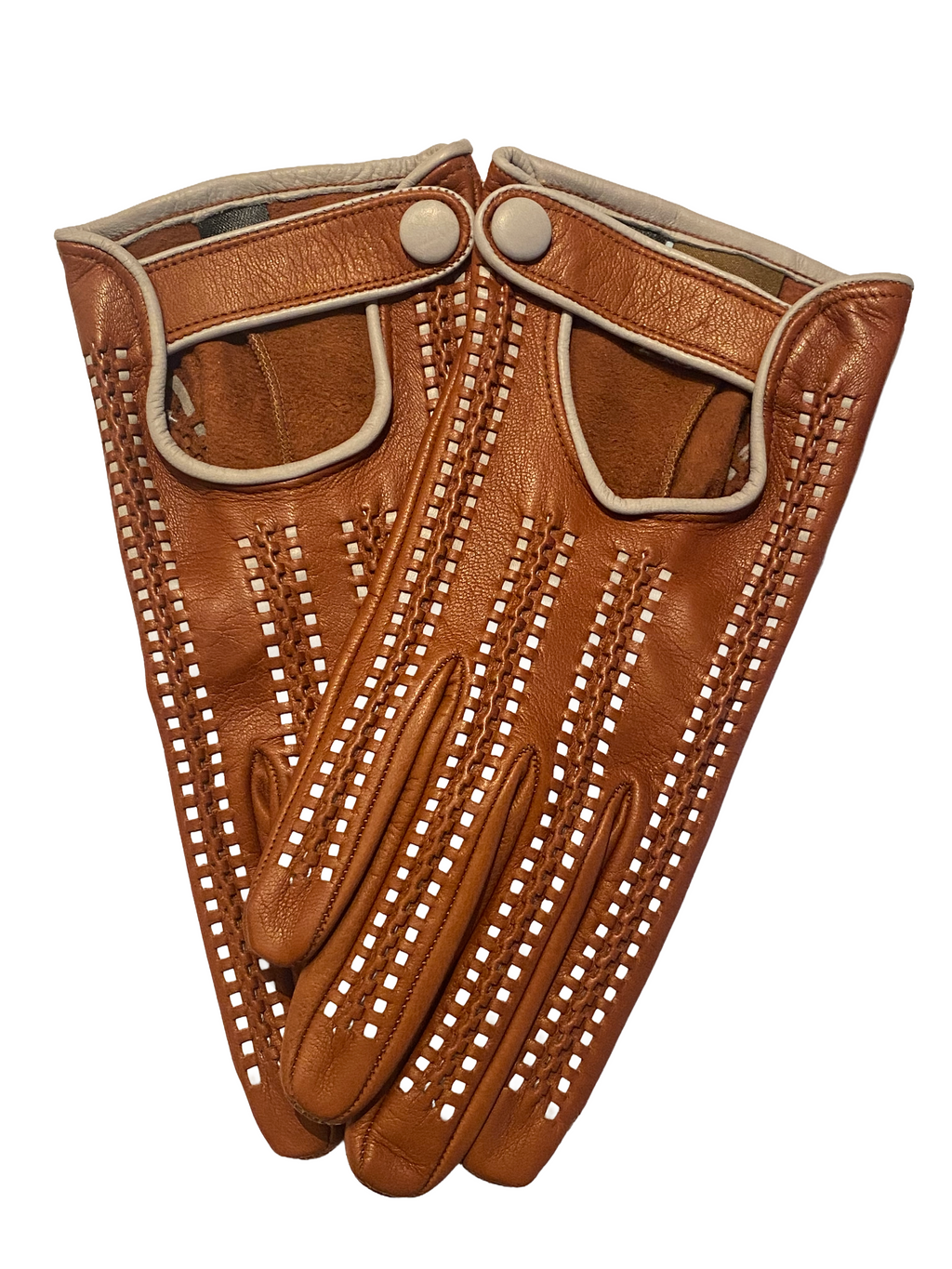 Chloe perforated driving gloves in cognac lambskin with ivory piping and whipstitch trim, back-of-hand view