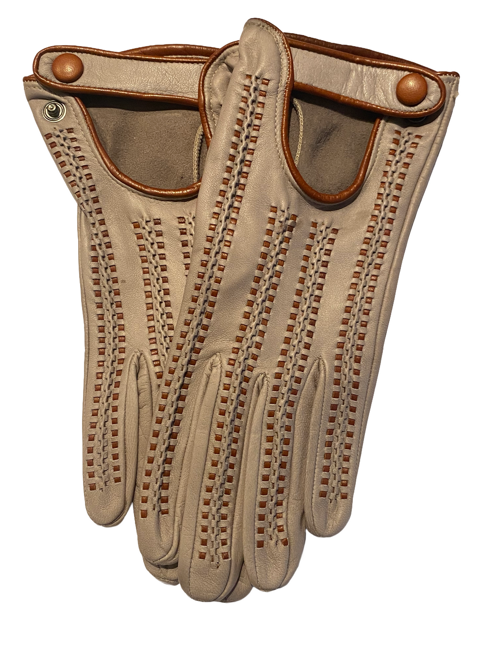 Chloe perforated driving gloves in grey lambskin with cognac piping and whipstitch trim, back-of-hand view