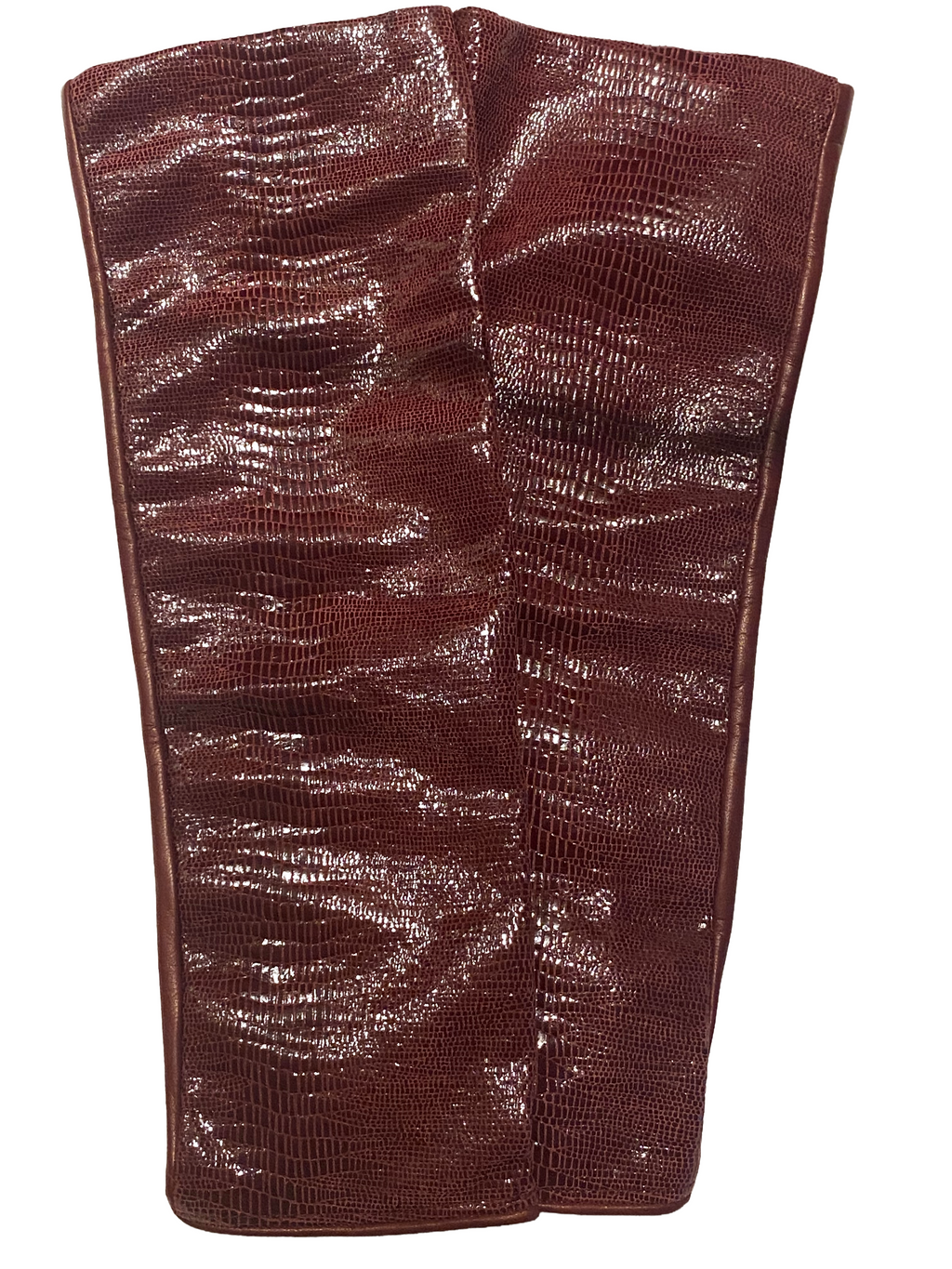 Lea fingerless bordeaux lizard-embossed lambskin gloves with silk lining and open fingertips, back-of-hand view