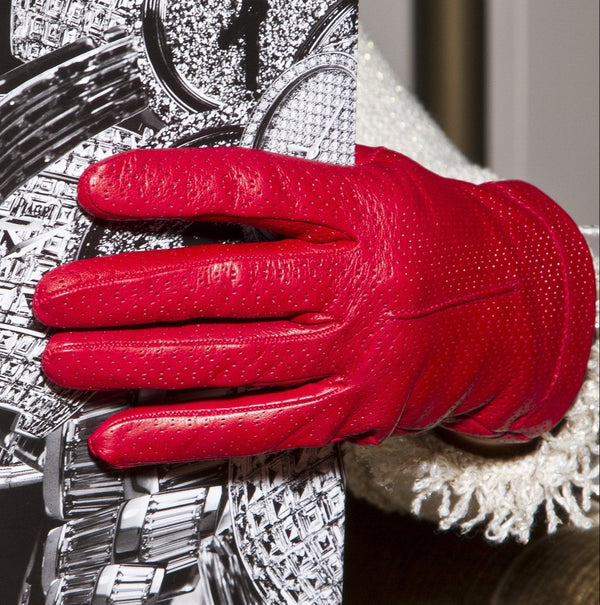 Domino rouge perforated lambskin gloves with silk lining, back-of-hand view