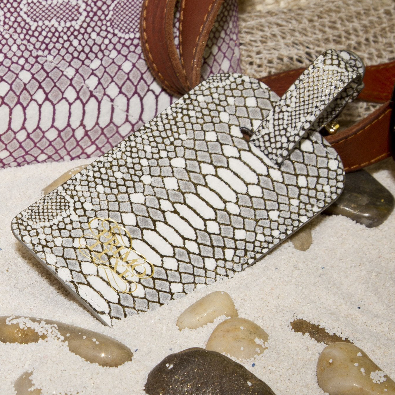 Vesper blue snakeskin (python) embossed leather luggage tag with buckle strap