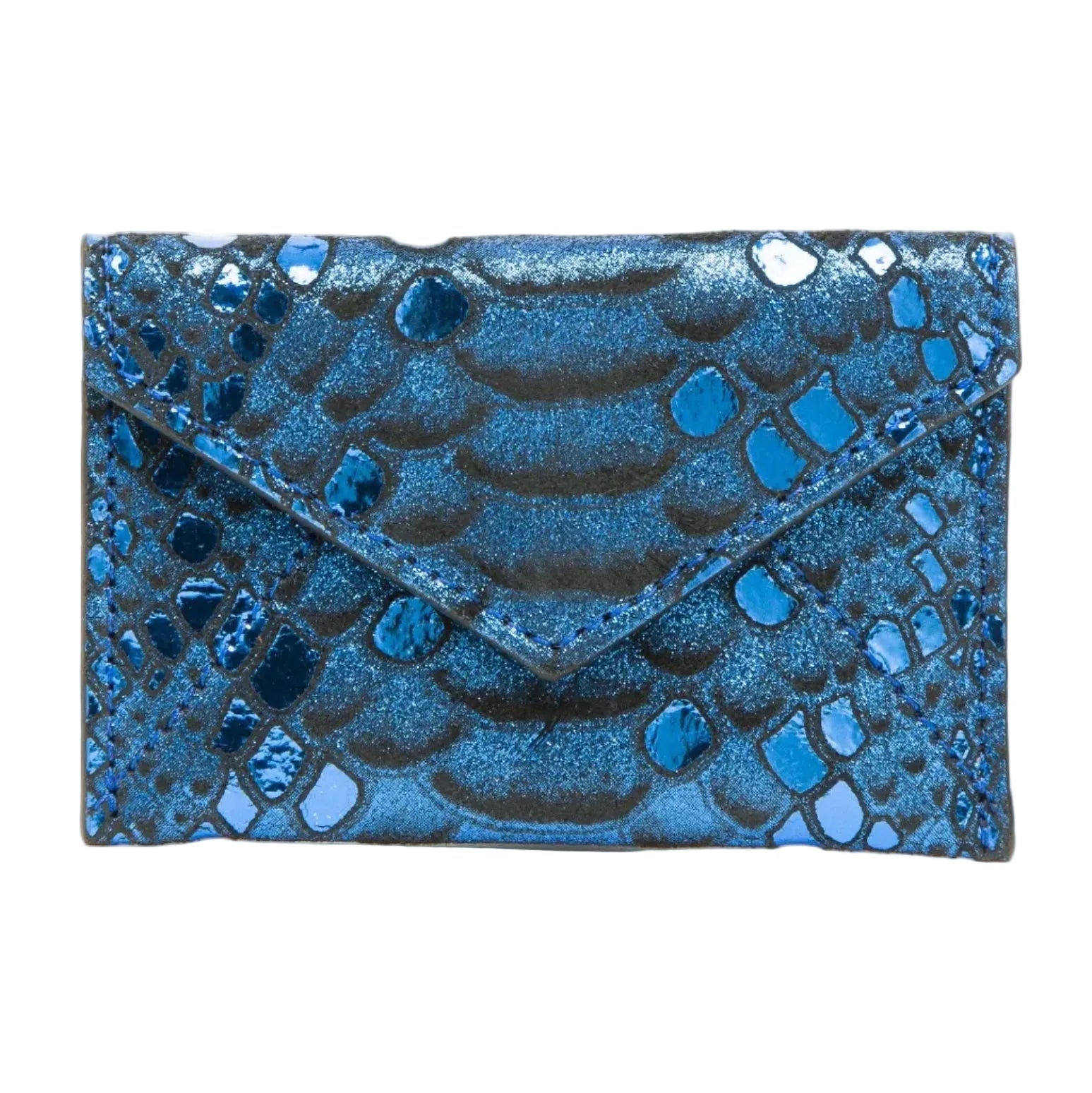 Vesper azure metallic snakeskin-embossed leather mini card case with snap closure, front view