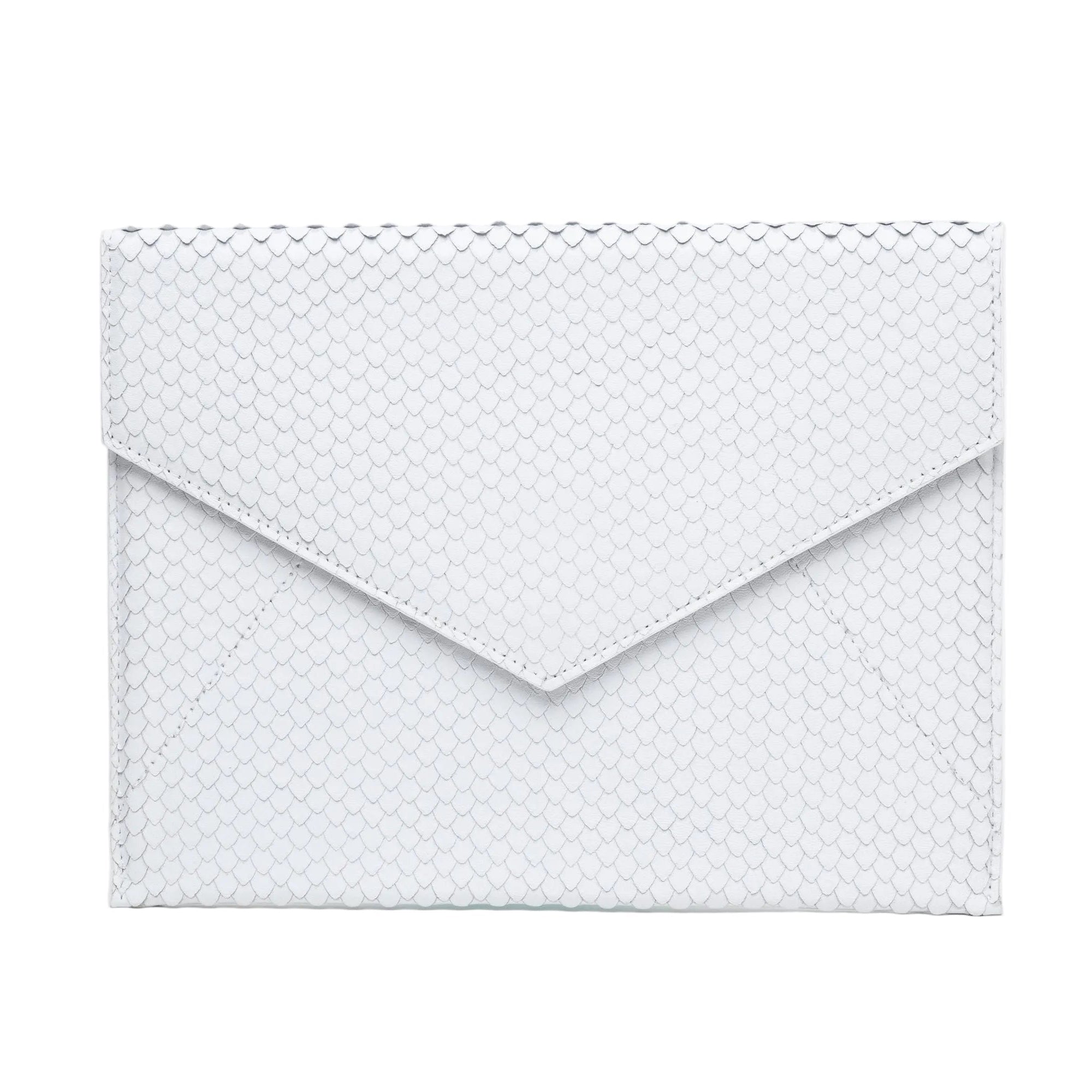 Vesper white snakeskin-embossed (cobra) leather envelope clutch, front view