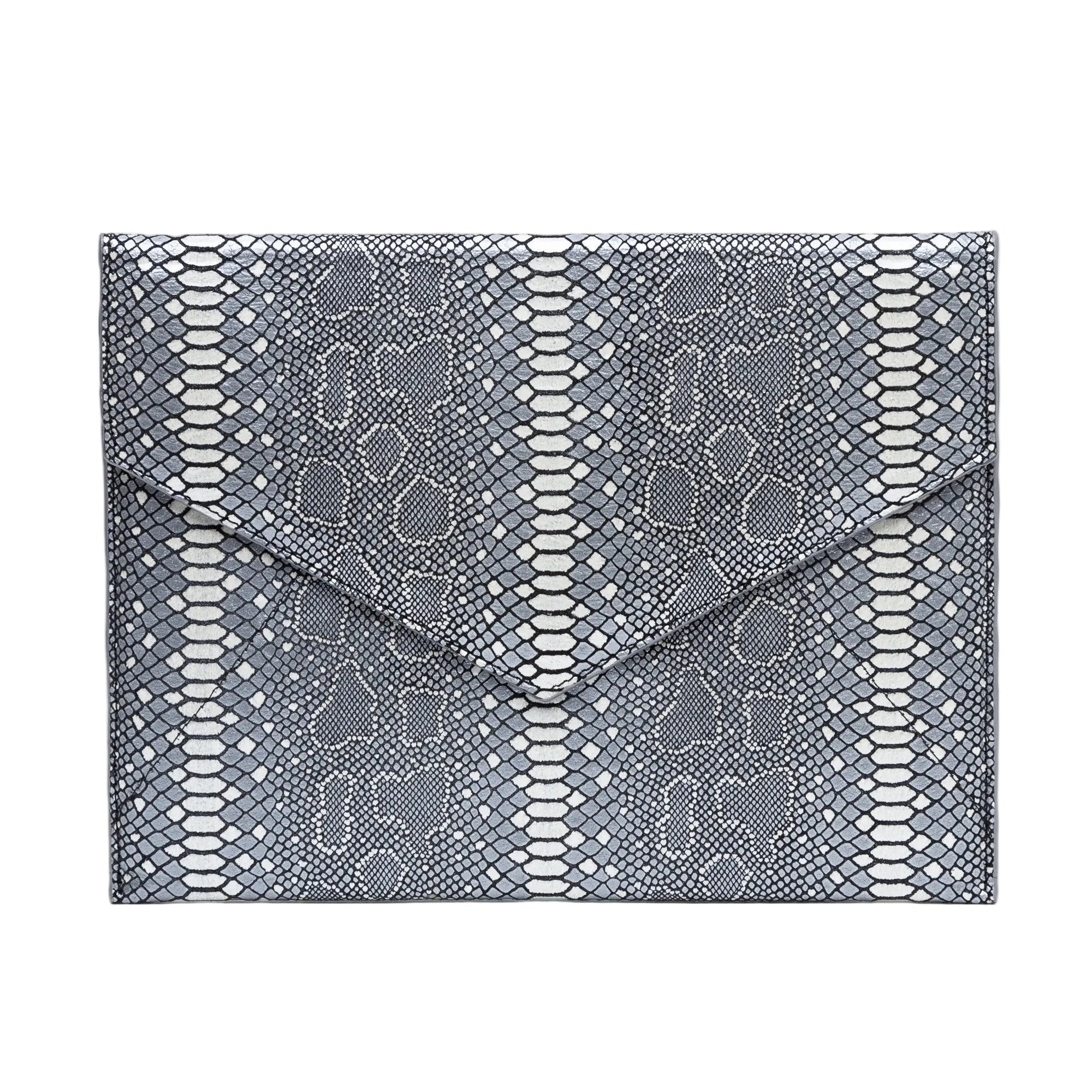 Vesper blue snakeskin-embossed (python) leather envelope clutch, front view