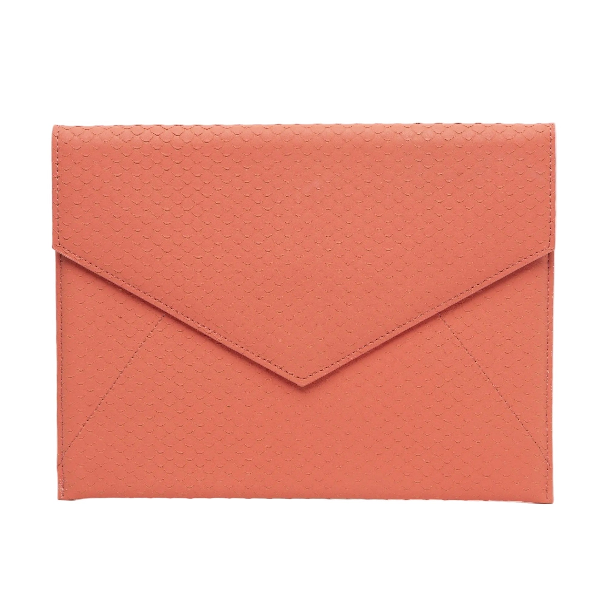 Vesper coral snakeskin-embossed (cobra) leather envelope clutch, front view