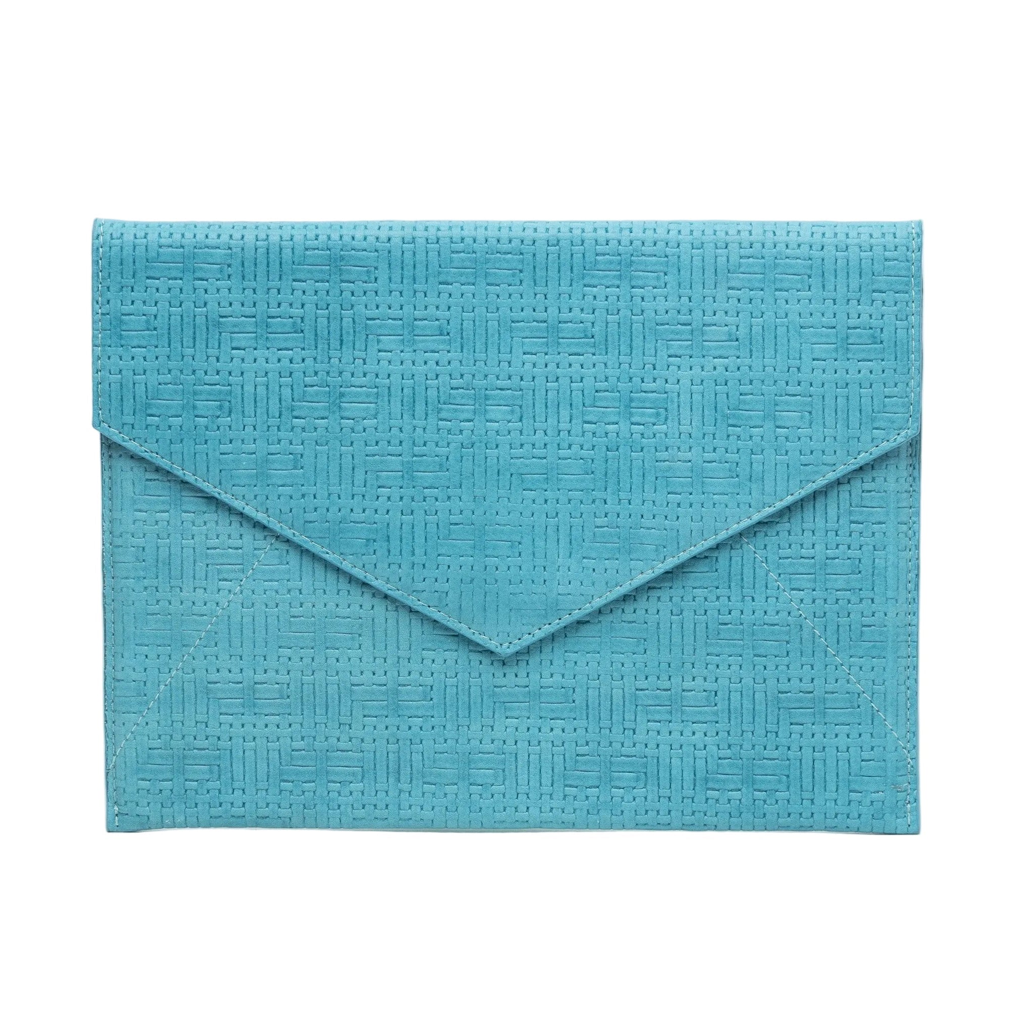 Vesper turquoise basketweave-embossed leather envelope clutch, front view