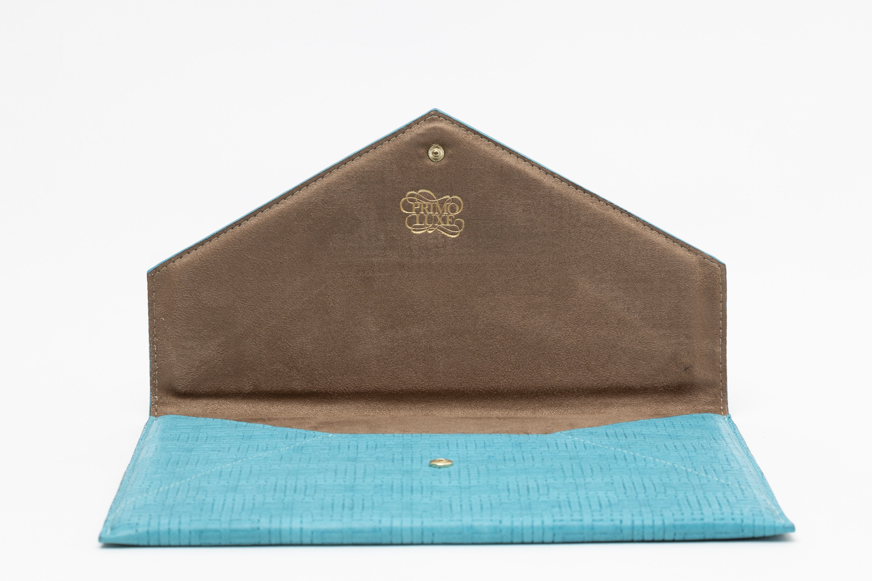 Vesper turquoise basketweave-embossed leather envelope clutch, front view