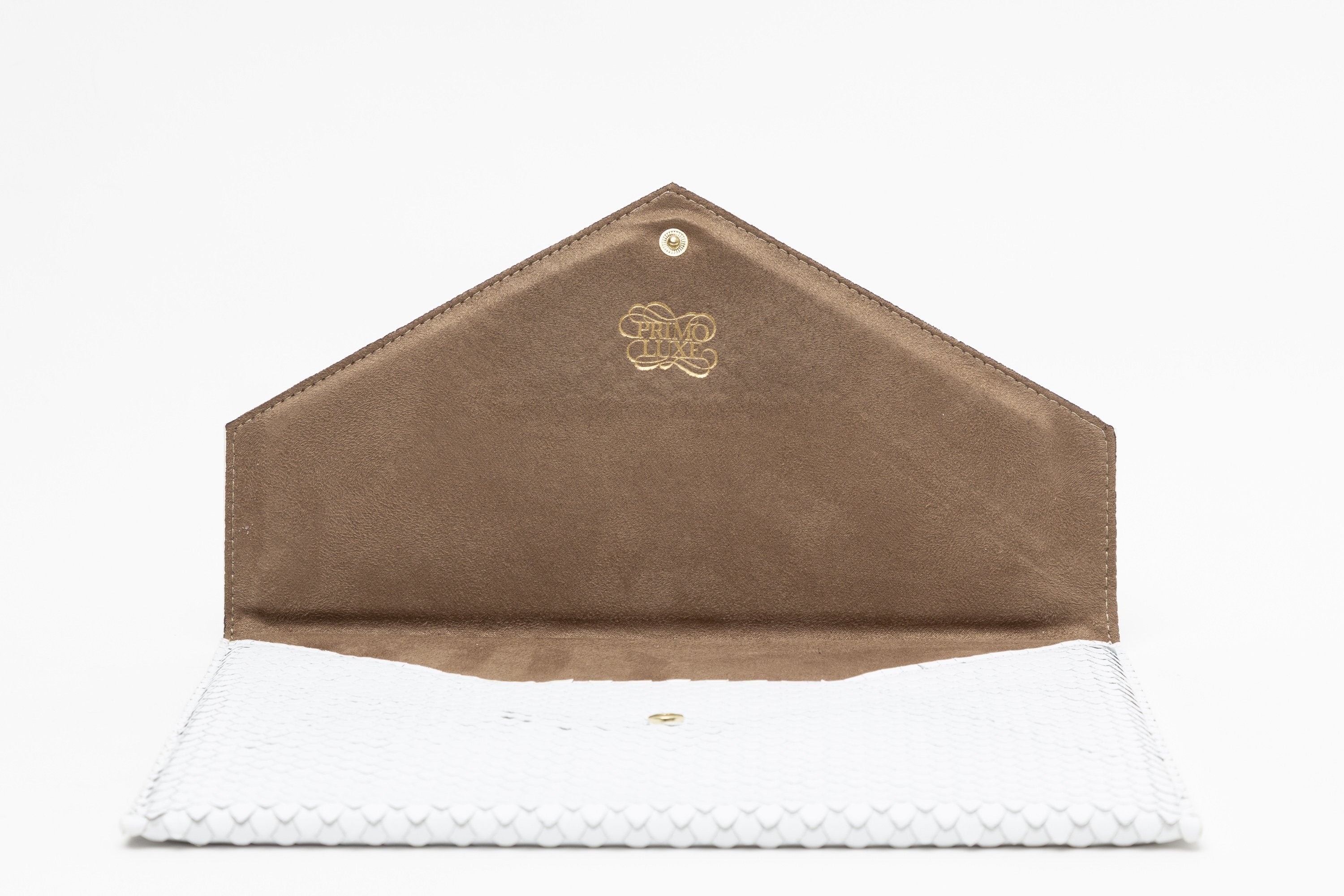 Vesper white snakeskin-embossed (cobra) leather envelope clutch, front view