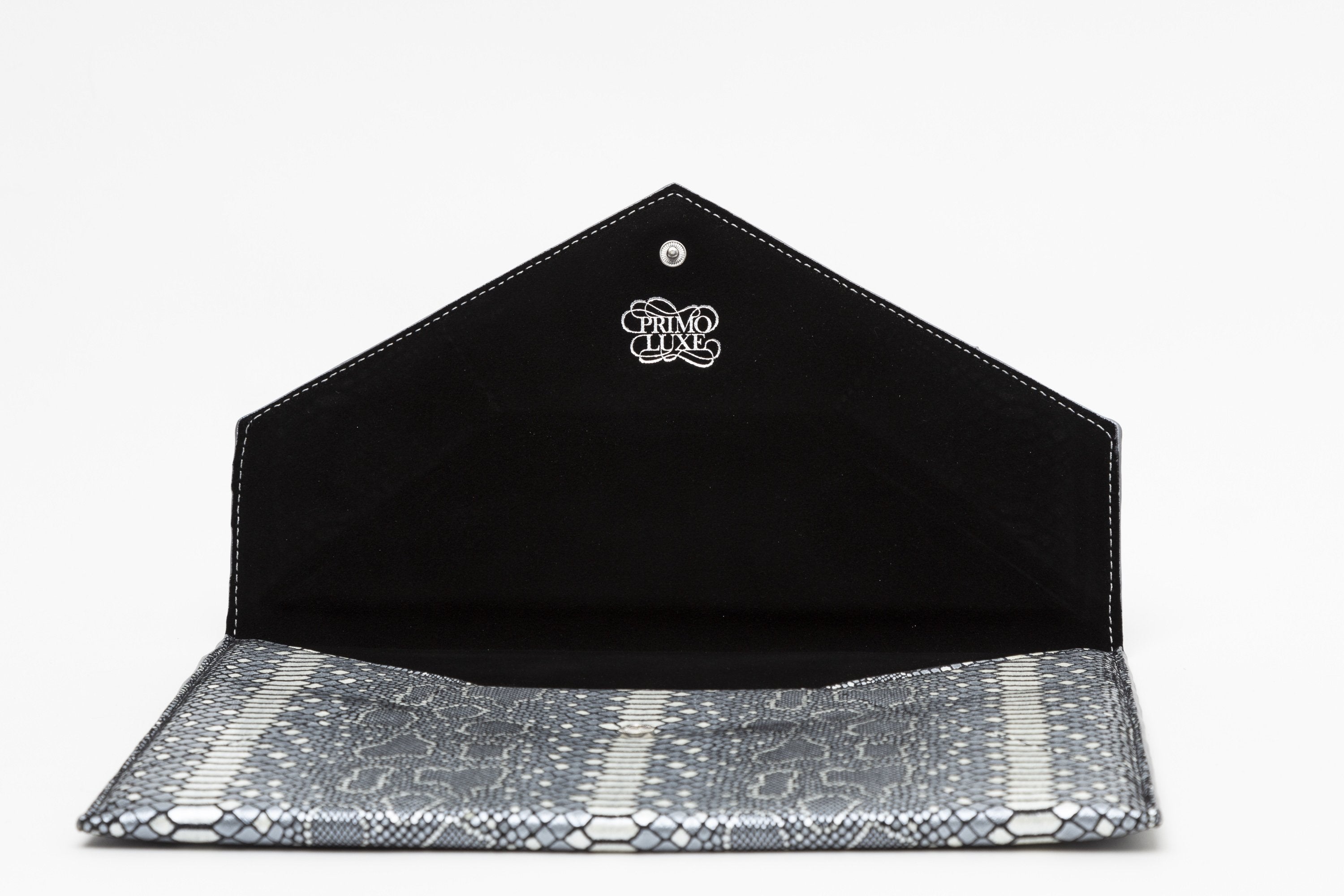 Vesper blue snakeskin-embossed (python) leather envelope clutch, front view