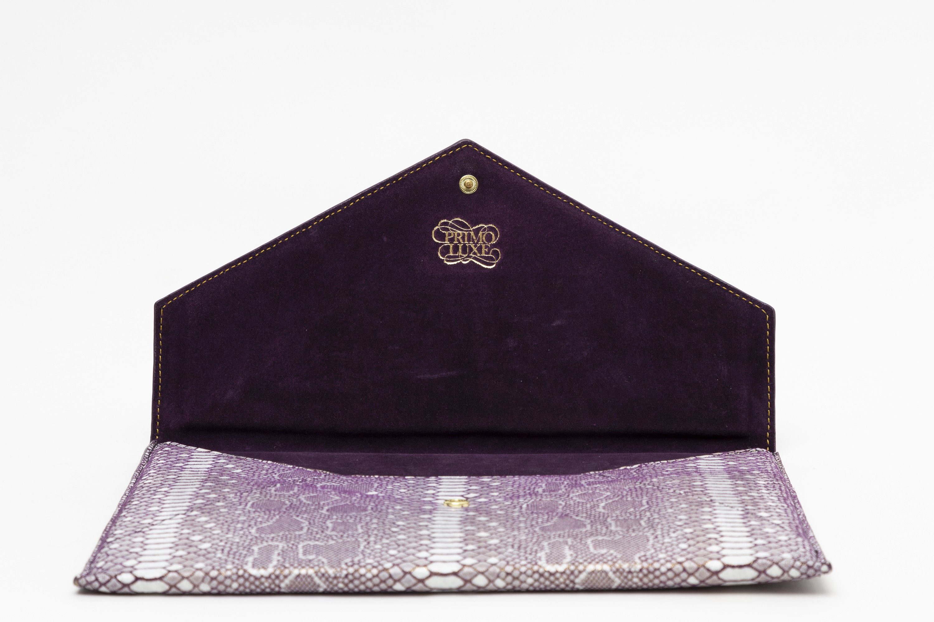 Vesper magenta snakeskin-embossed (python) leather envelope clutch, front view