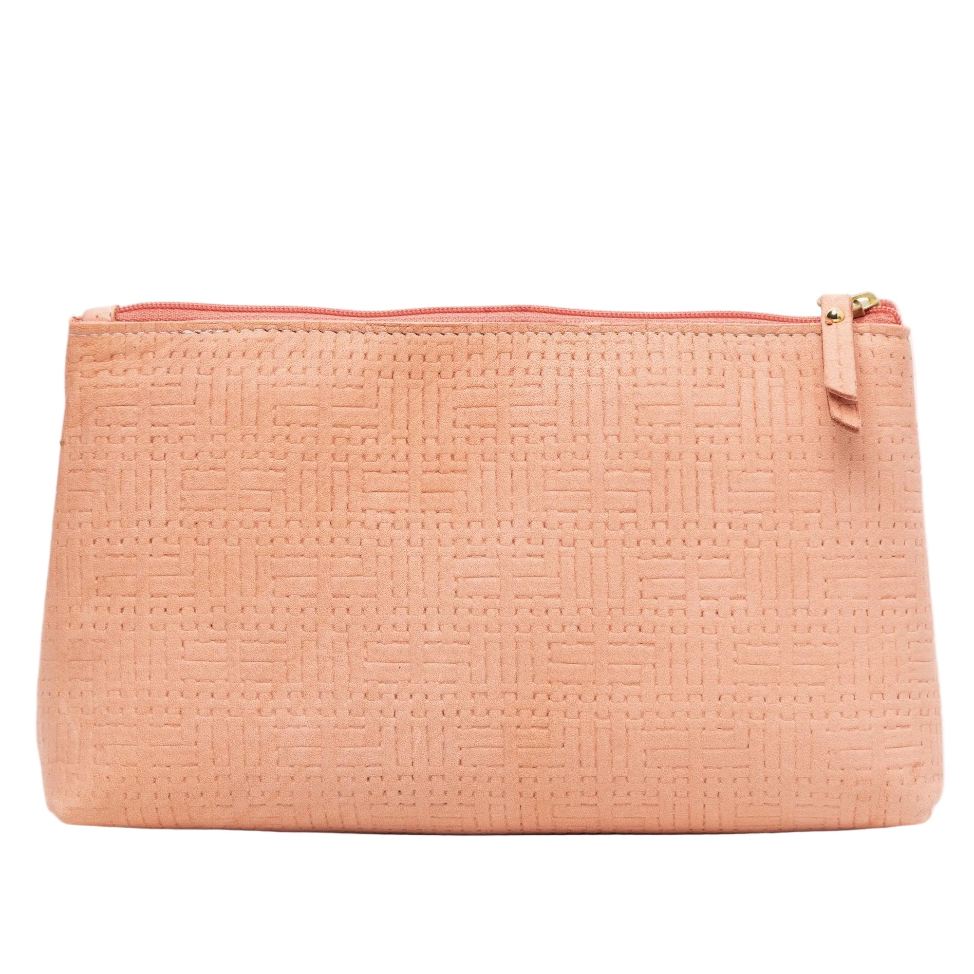 Vesper apricot basketweave-embossed leather makeup case, front view