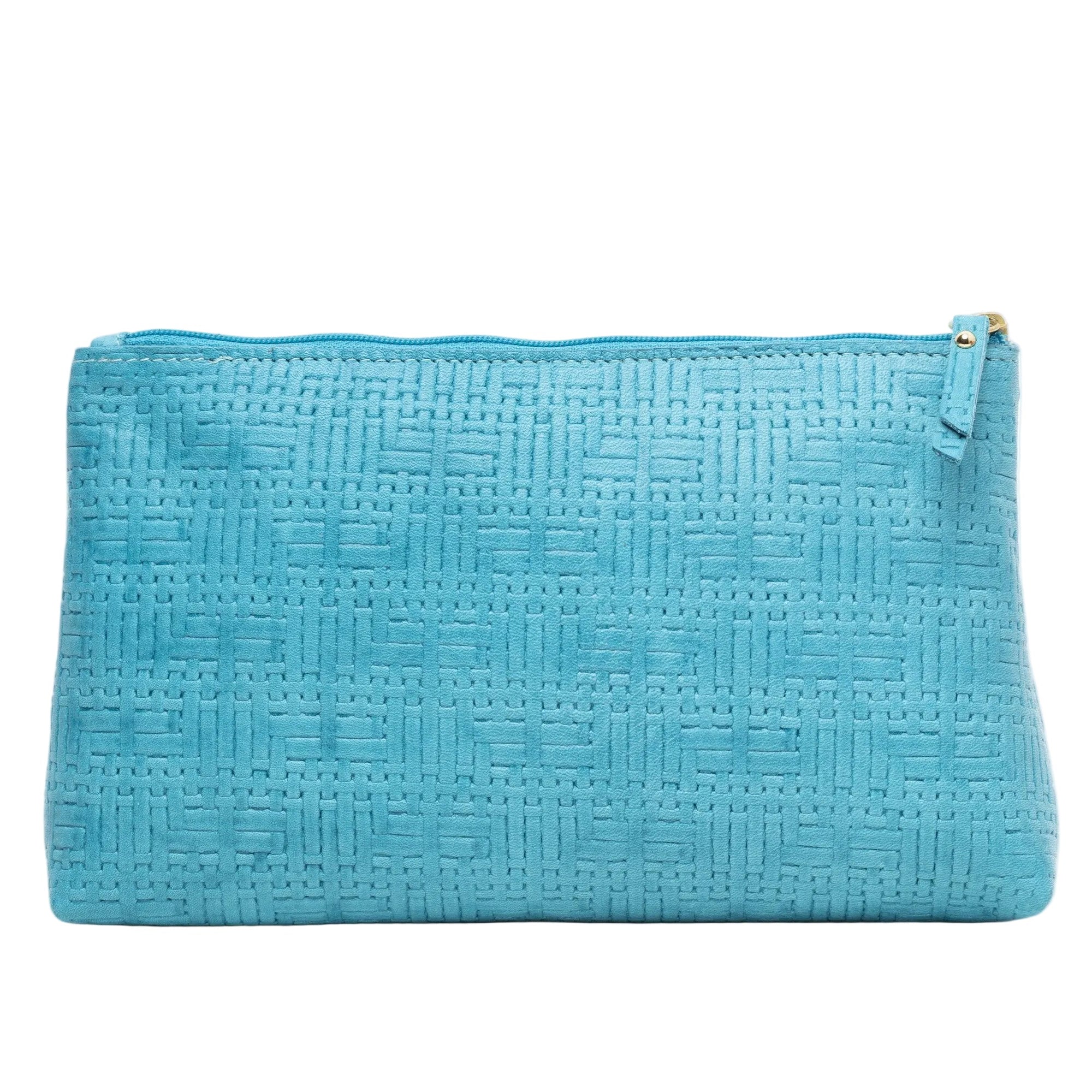Vesper turquoise basketweave-embossed leather makeup case, front view