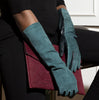Bianca full-length teal gloves with alligator-embossed suede back, tonal teal leather palm, and silk lining, back-of-hand view