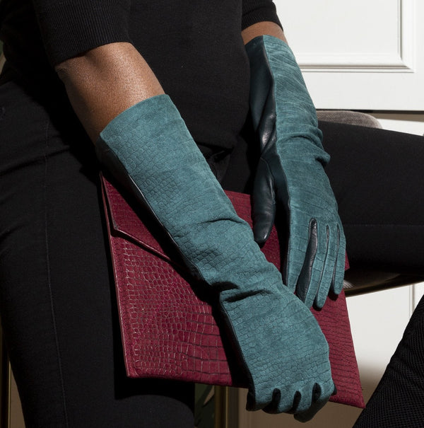 Bianca full-length teal gloves with alligator-embossed suede back, tonal teal leather palm, and silk lining, back-of-hand view