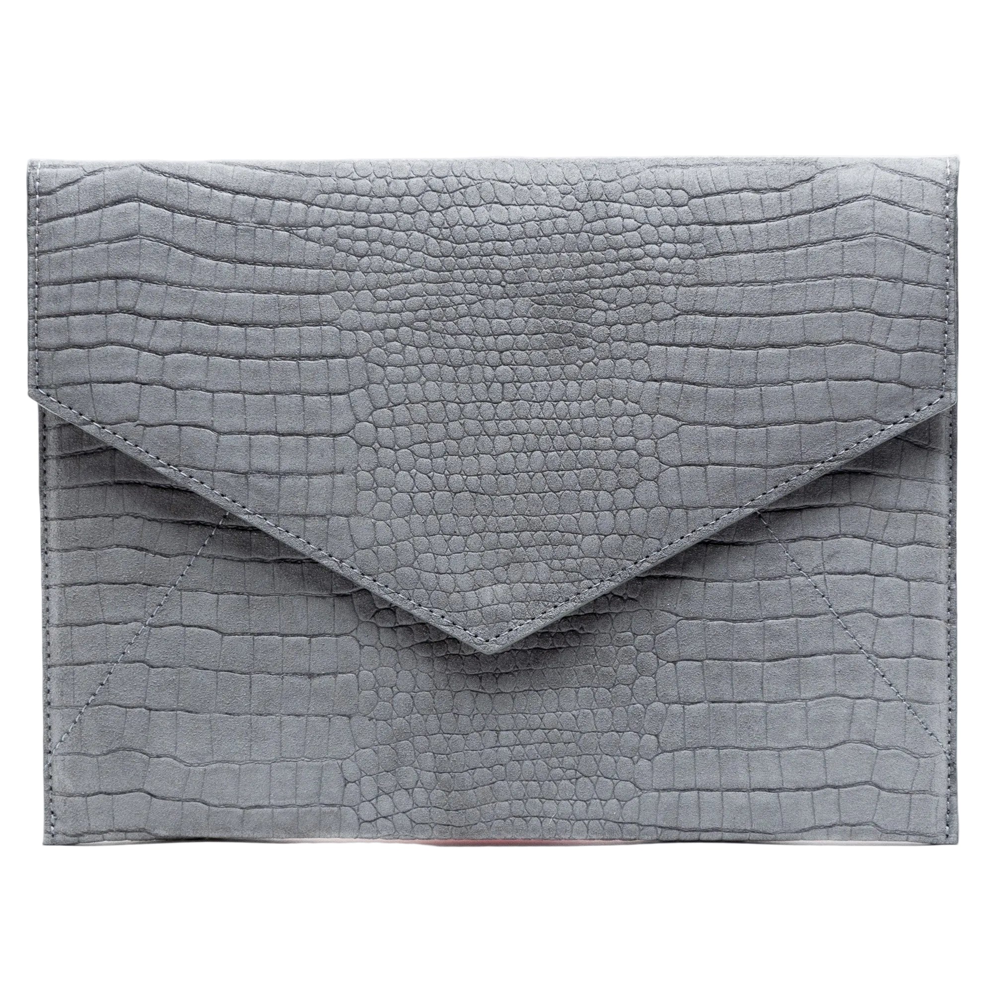 Vesper grey alligator-embossed leather envelope clutch, front view