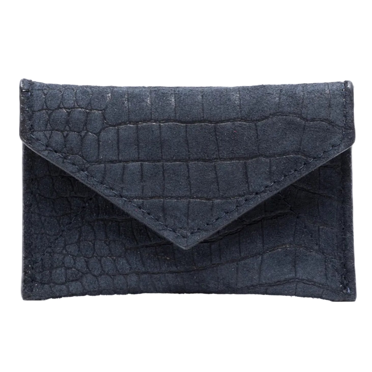 Vesper navy alligator-embossed leather mini card case with snap closure, front view