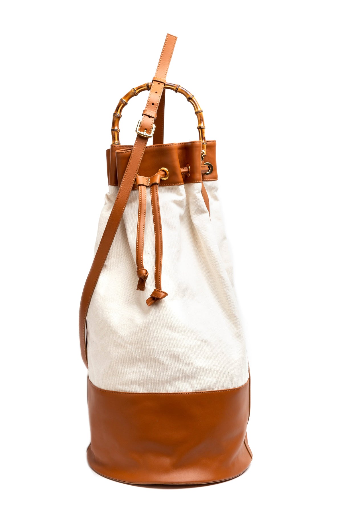 ATLAS Double Canvas & Caramel Leather Sailor Bag w/ Bamboo Handle