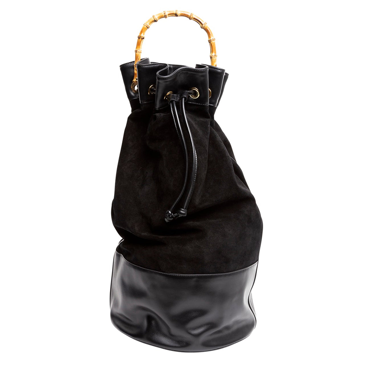 Atlas black suede and leather sailor duffle bag with bamboo handle, front view