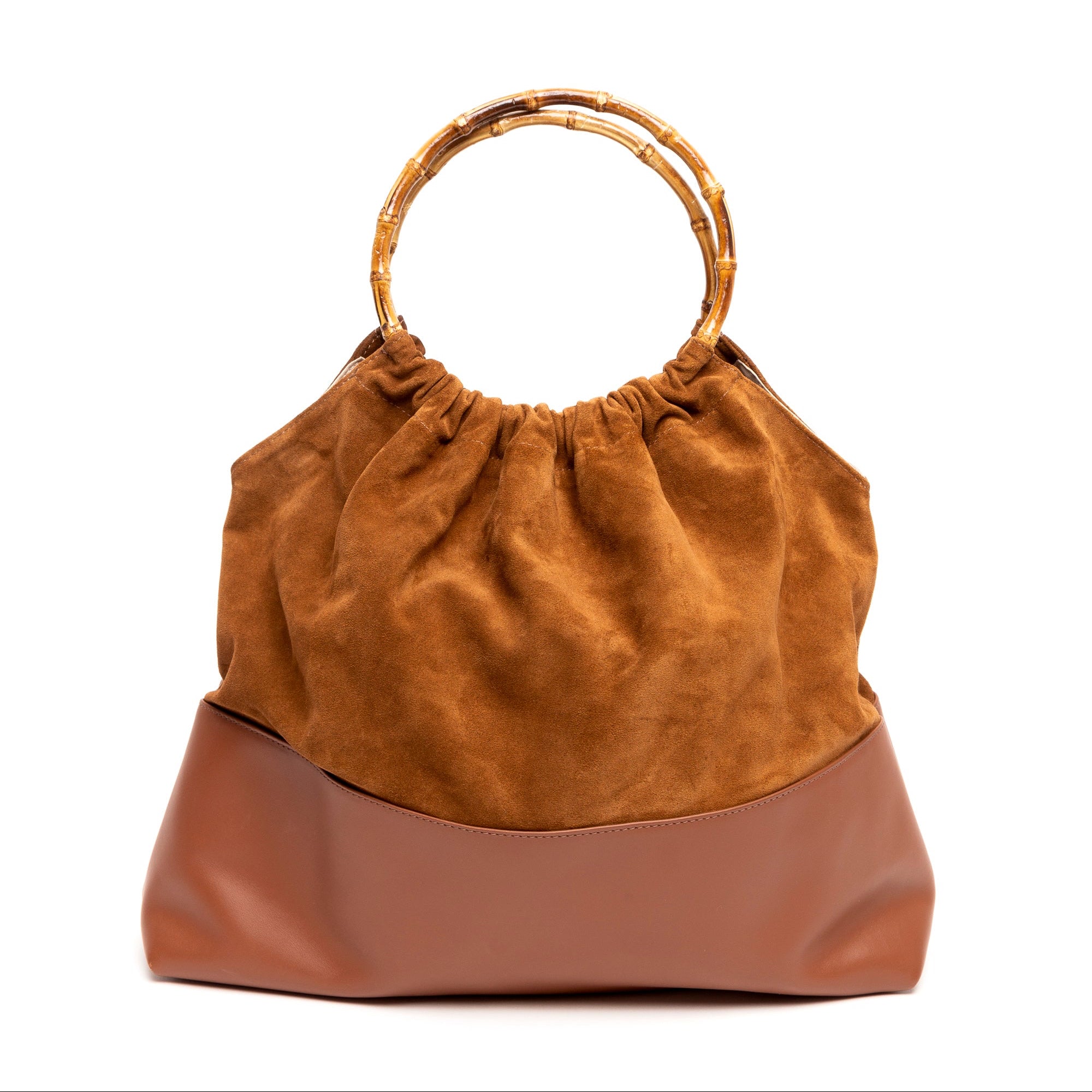 Ines caramel leather and suede tote bag with round bamboo handle, front view