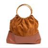 Ines caramel leather and suede tote bag with round bamboo handle, front view