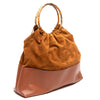 Ines caramel leather and suede tote bag with round bamboo handle, front view