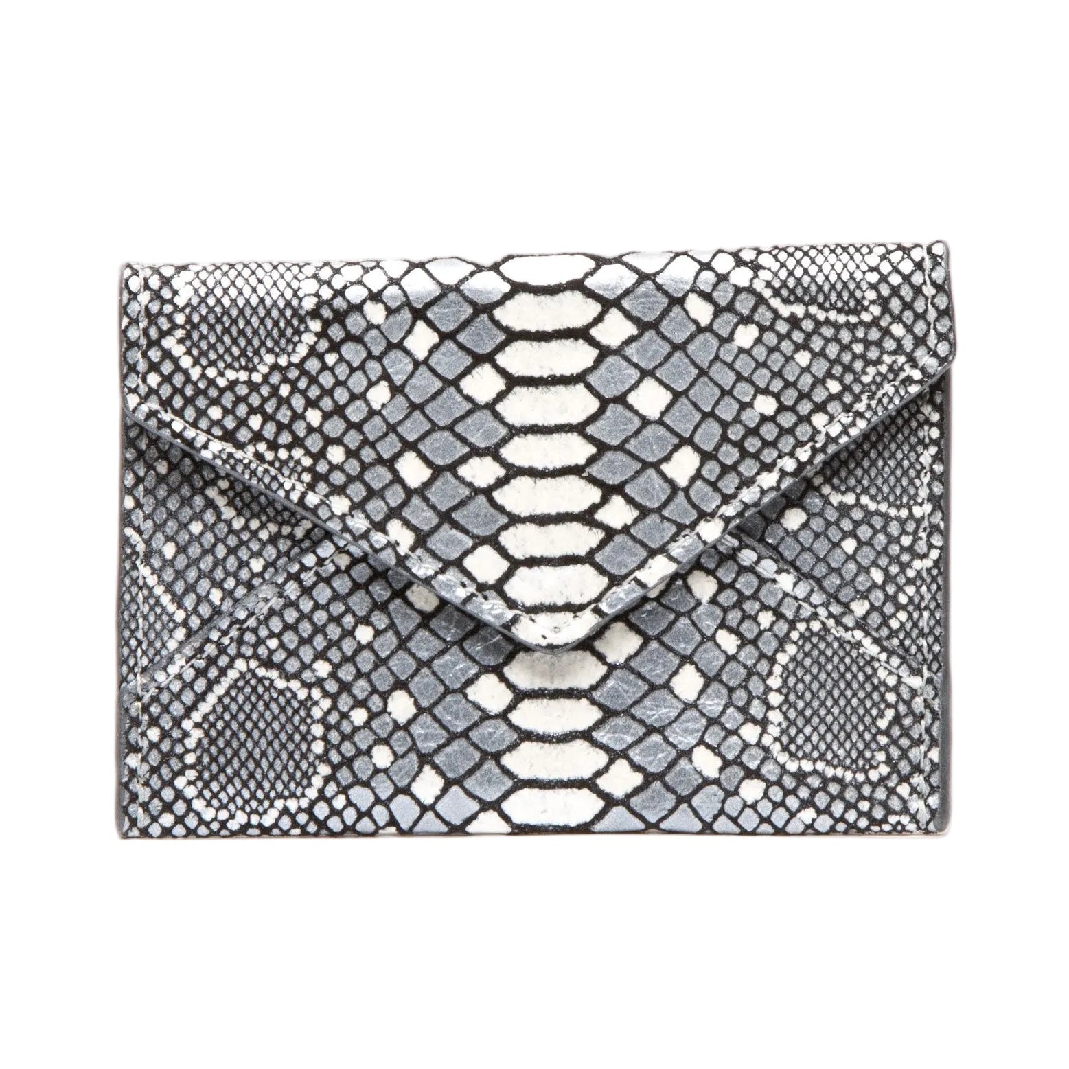 Vesper blue snakeskin (python print) embossed leather mini card case with snap closure, front view