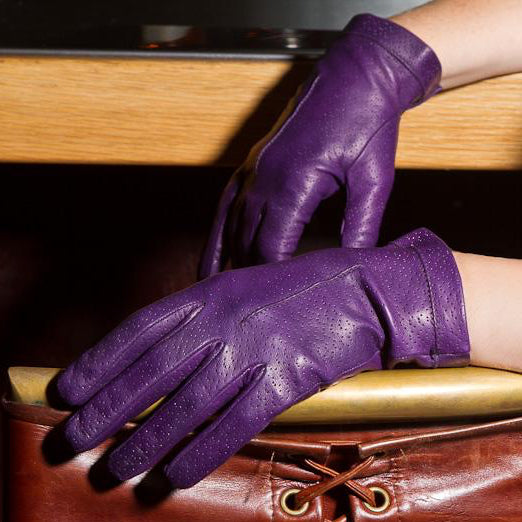 Domino indigo purple perforated lambskin gloves with silk lining, back-of-hand view