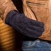 Royce navy carpincho (capybara) leather gloves with plain cashmere lining, back-of-hand view