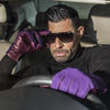 Royce eggplant carpincho (capybara) leather gloves with plain cashmere lining, back-of-hand view