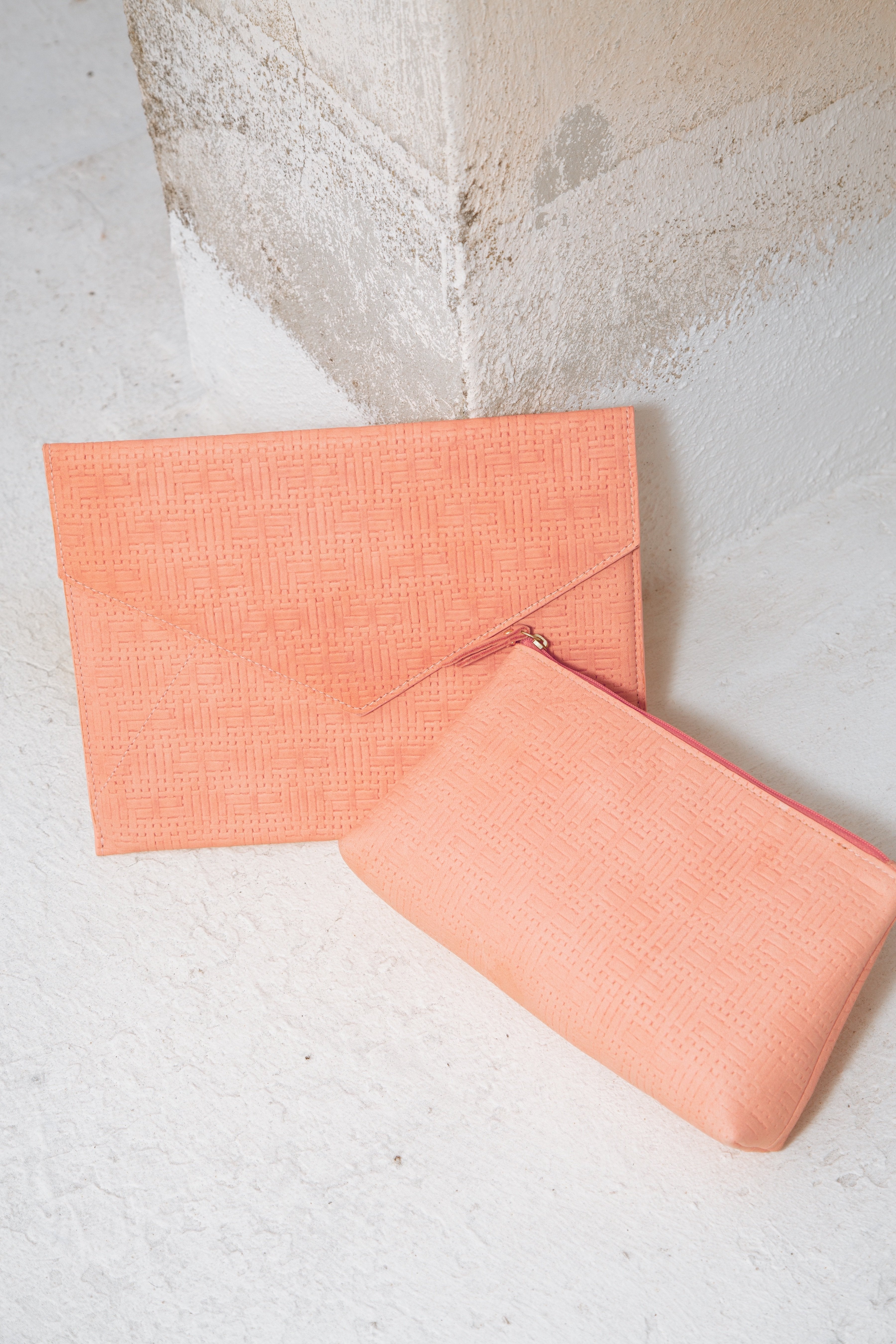 Vesper apricot basketweave-embossed leather makeup case, front view