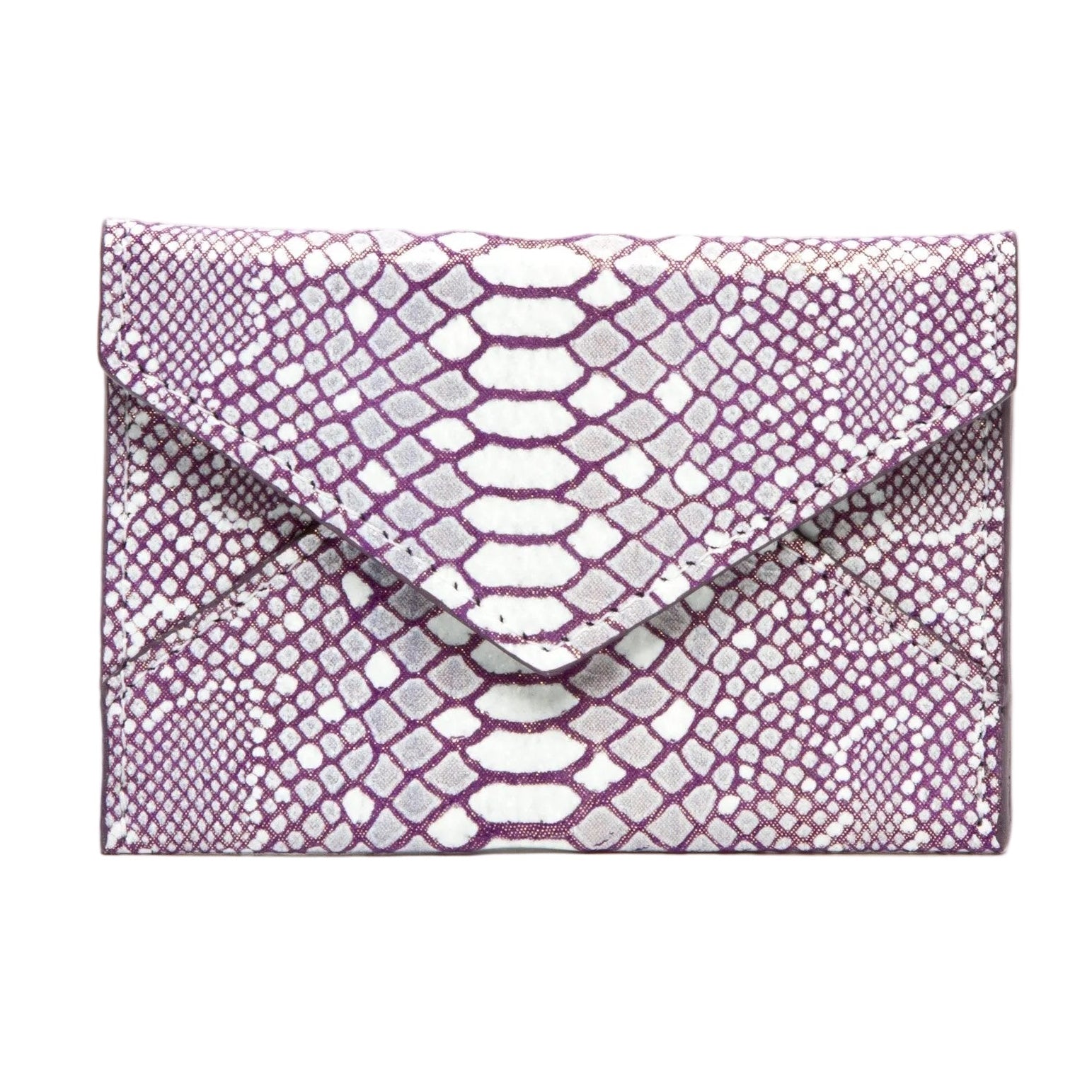 Vesper magenta snakeskin (python print) embossed leather mini card case with snap closure, front view